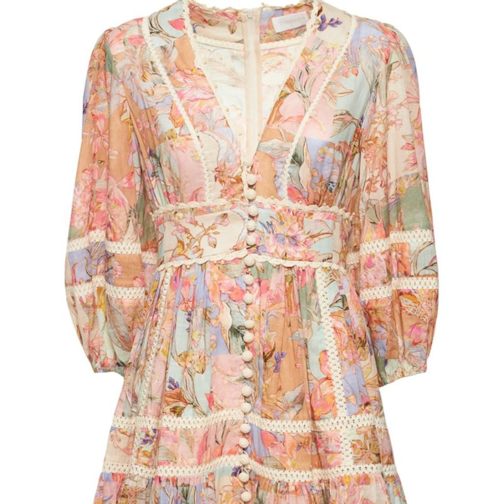Nwt 100% Authenic Zimmermann Cira Lantern Printed Linen Mini Dress - Pinkmulti